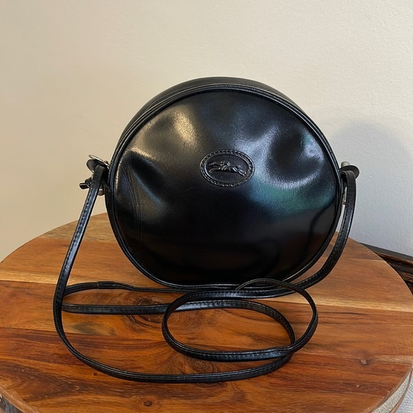 Longchamp Bags Vintage Longchamp Le Pliage Small Black Leather Round Crossbody Shoulder Bag